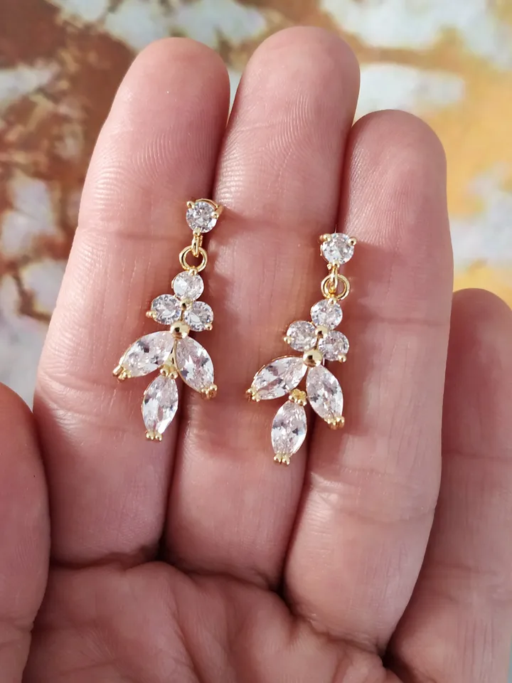 Bridal Necklace Set, Gold Diamond Wedding Earrings, CZ Bridal Earrings, Vintage Style Rose Gold Bridal Jewelry, Art Deco Bridal Earrings,