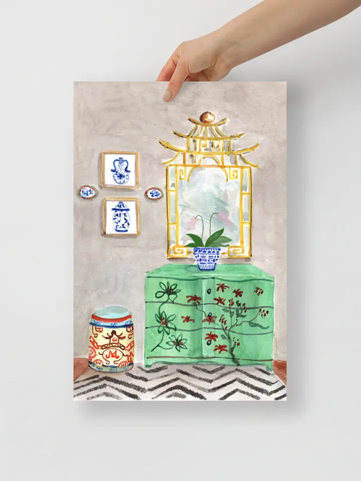 Chinoiserie Decor Watercolor Painting Print Green Chinoiserie Wall Art Painting Of Interior Ginger Jar Impressionist Art Christmas Art Gift
