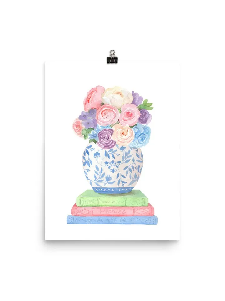Chinoiserie Book Illustration , Watercolor Painting,Digital Download, Book Lover Gift, Book Stack Decor, Ginger Jar Art, Chinoiserie Art