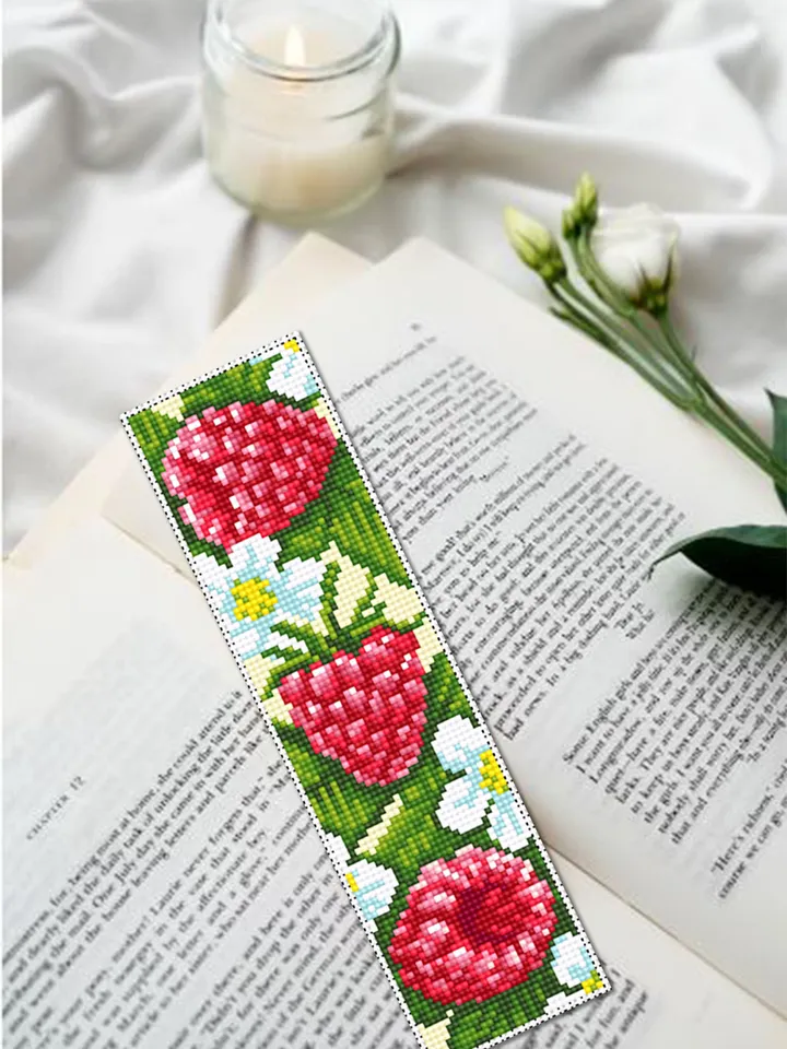 Raspberry bookmark cross stitch pattern download PDF Red berries cross stitch chart, Digital bookmark fruit, Floral bookmark pattern #B150