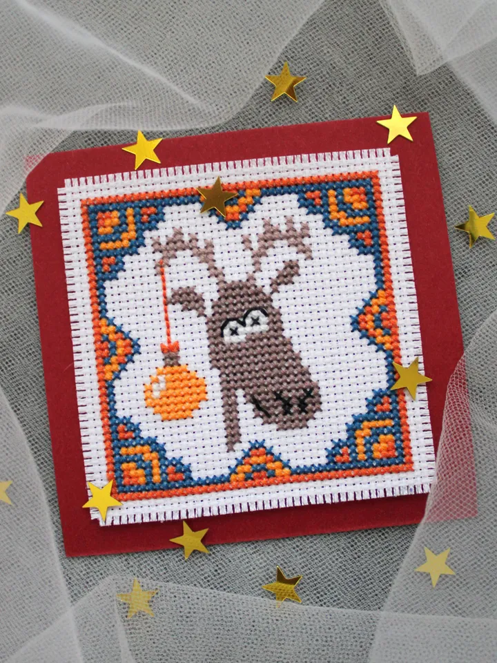 Cross stitch pattern Christmas deer, easy PDF chart for beginners, Xmas card idea