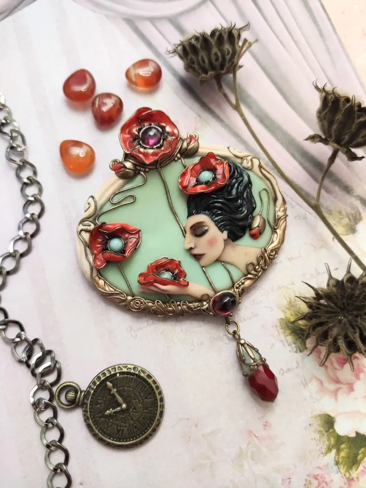 Brooch Virgo with poppies, poppies pendant, Brooch with poppies,Red poppies