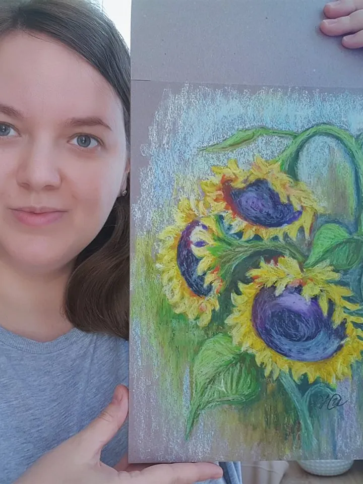 Sunflowers Painting Floral Original Art Flower Wall Art Oil Pastel Painting