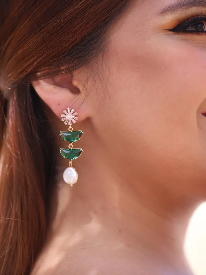Art Deco Wedding Earrings, Baroque Freshwater Pearl Statement Bridal Earrings, Gold Emerald Green Chandelier Wedding Earrings, Boho Jewelry