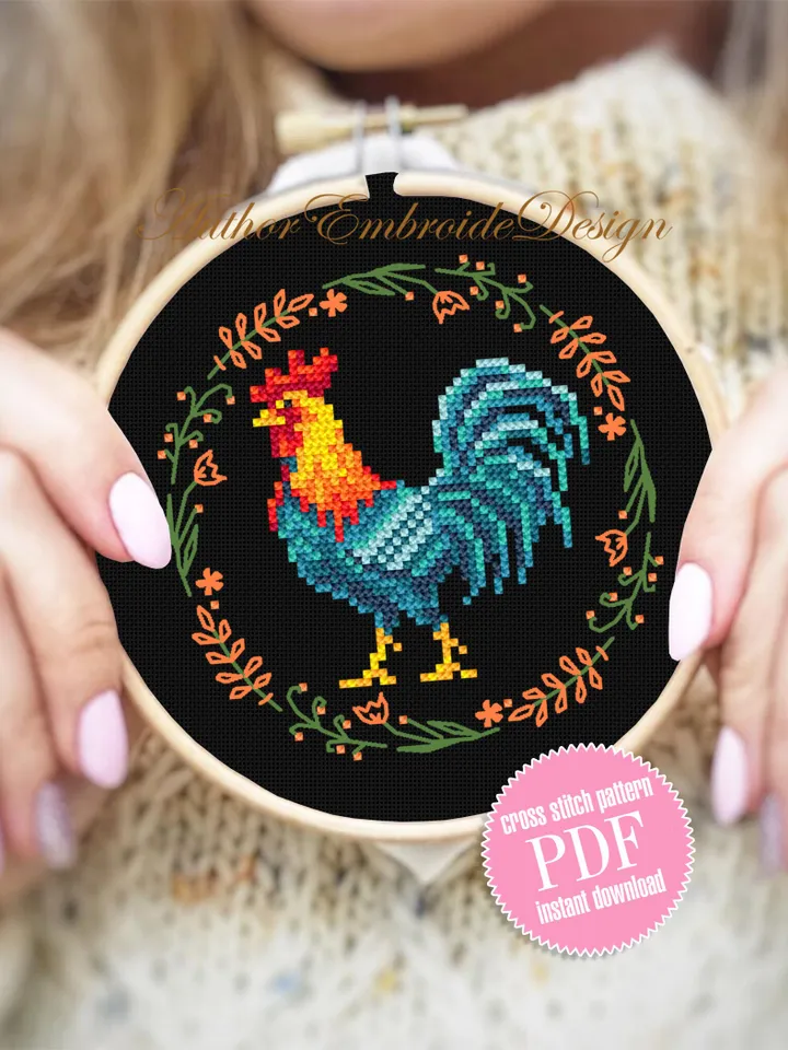 Rooster cross stitch pattern PDF download Floral chicken cross stitch chart Farm bird embroidery Mini Cock, Rooster pattern digital PDF #K33
