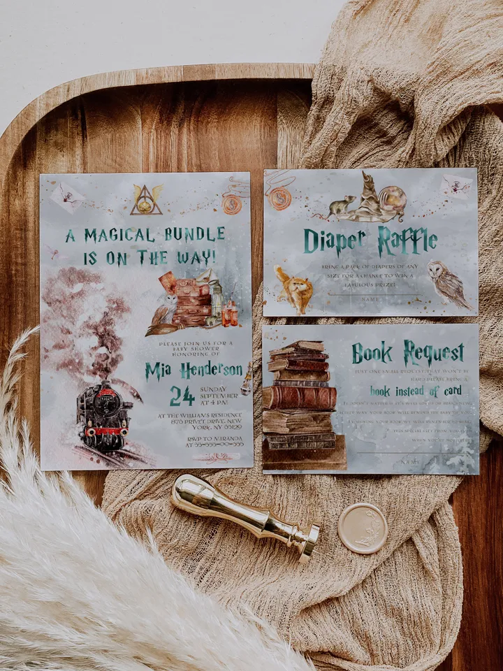 Winter Wizarding World Baby Shower Set; Christmas Magic School Baby Shower Template; School of Wizard Baby Shower invitation template; ms7