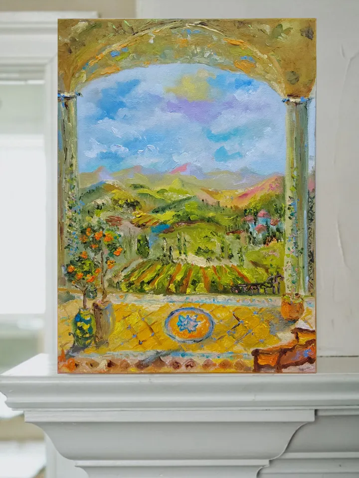 "Summer terrace overlooking the valley" oil painting on canvas 30x40cm (12x16inch)