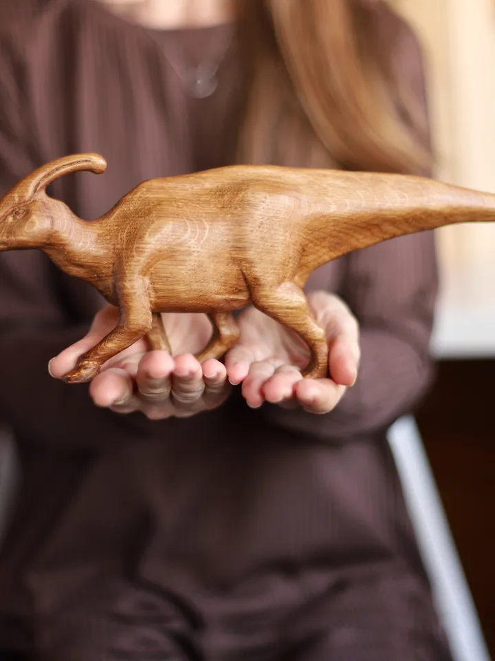 Wooden hand carved dinosaur parasaurolophus