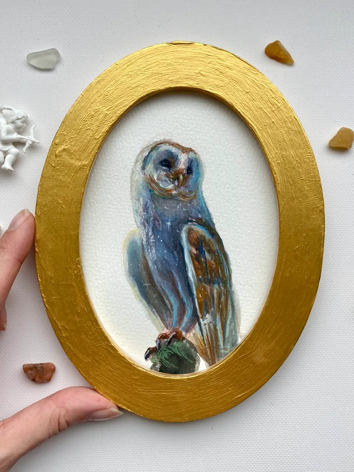 Owl Watercolor Painting Original In Oval Gold Frame Small Framed Bird Art Barn Owl