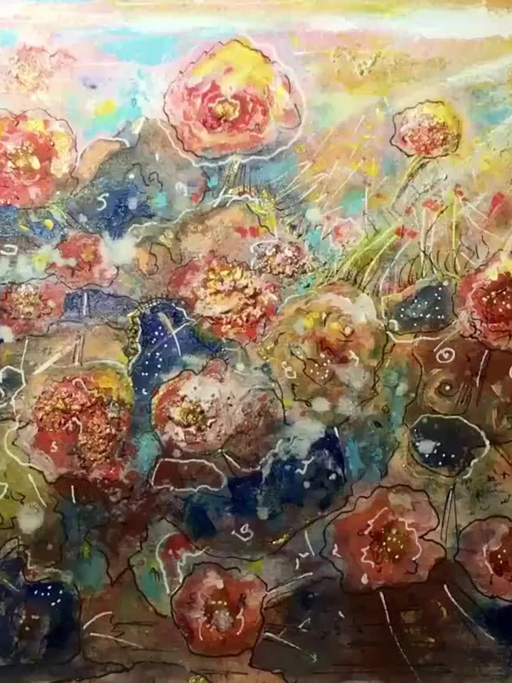 Abstract fantasy mix media watercolour and acrylic original painting on paper,abstract wall art,landscape flowers pink gold.