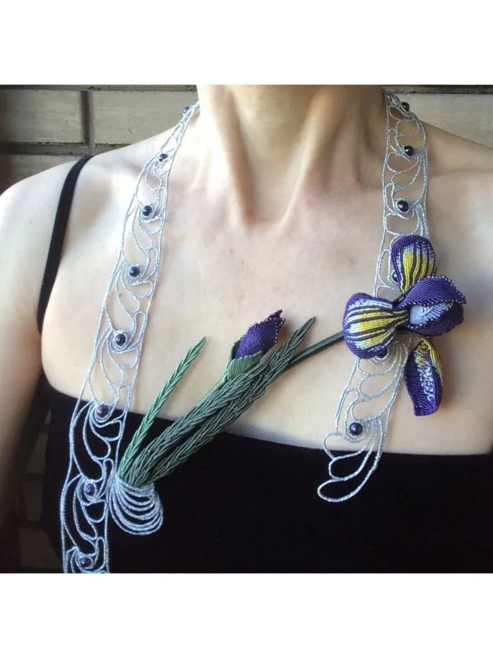 Asymmetrical Art Nouveau Water Iris Macrame Necklace