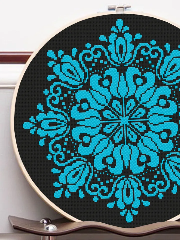 Flower mandala cross stitch pattern download PDF Floral ornament cross stitch chart Monochrome mandala pattern digital Beginner stitch #M117