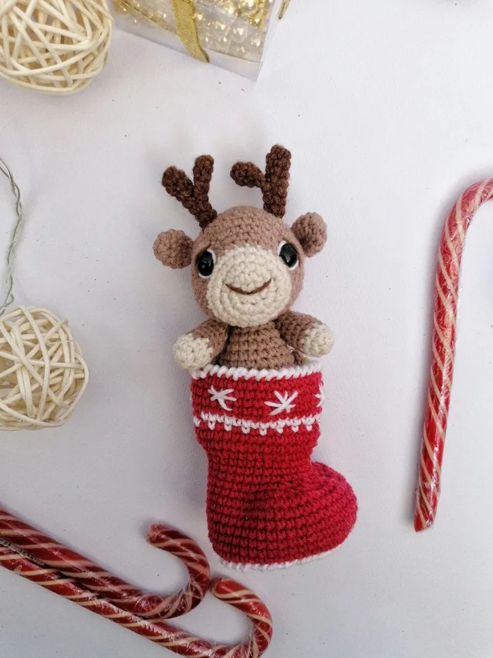 PDF Christmas Deer in a sock Christmas amigurumi pattern Christmas ornament Deer Christmas decoration X-mas crochet Amigurumi Christmas Sock