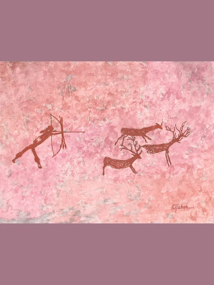 Deer hunting wall art | Original Pastel and Watercolor Artwork Ancient Cave Painting Style | Lone Hunter Prehistoric art | Handmade Artwork | Archer stylization of rock art | Drawings of a prehistoric man