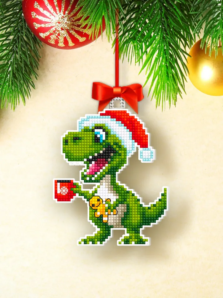 Funny dinosaur christmas cross stitch pattern PDF download Double-sided Christmas tree decor for plastic canvas, Dino pattern T Rex #N132