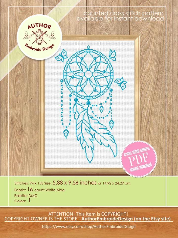 Dream catcher butterfly cross stitch pattern PDF download Mandala cross stitch chart, Dreamcatcher pattern digital PDF for beginner #M277