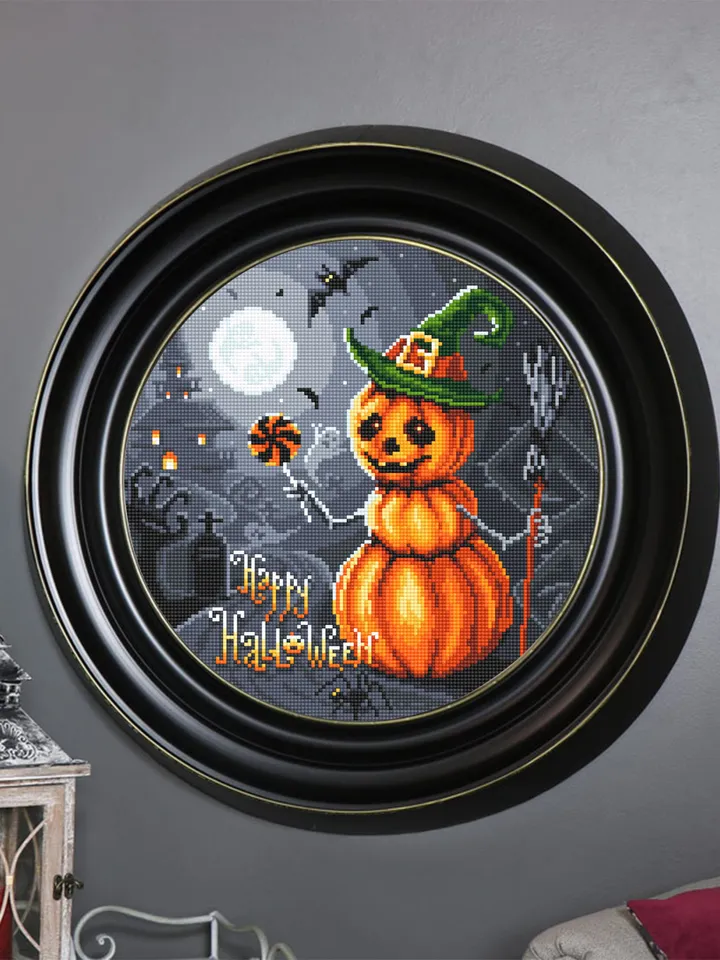 Happy Halloween cross stitch pattern download PDF Snowman pumpkin cross stitch chart, Spooky Halloween embroidery PDF, Gothic decor #H44