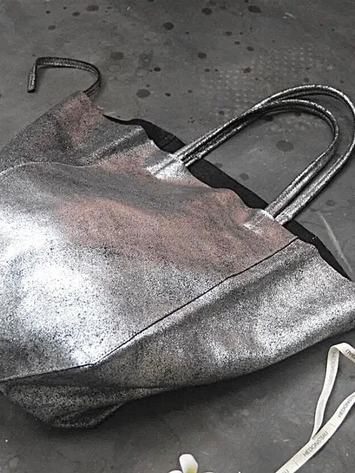 Genuine leather silver tote shopper big bag / everyday purse / handmade bags / designer bags / summer bag / gift for her