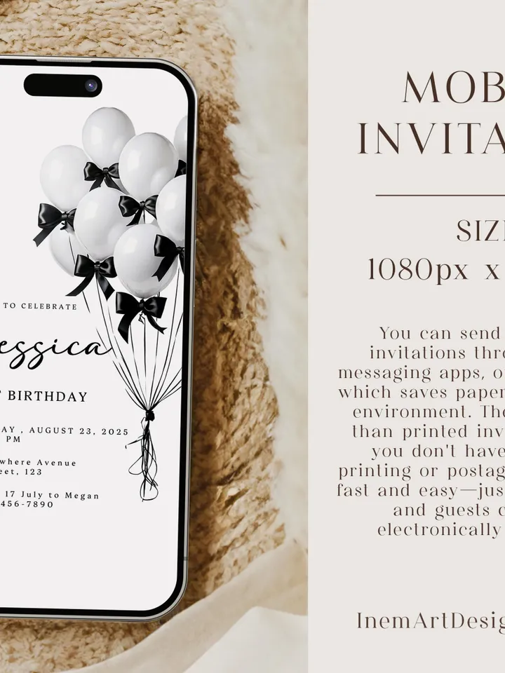 Editable Black & White Bow Balloon Birthday Invitation - Custom Canva Template, First Birthday Party Invite - WB211