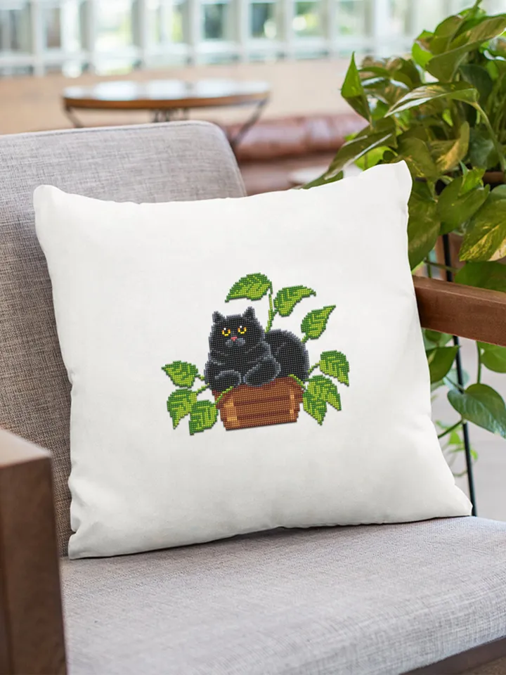 Black cat and plants cross stitch pattern PDF download House plant cross stitch chart, Funny cat pattern digital PDF, Cat lover gift #K45
