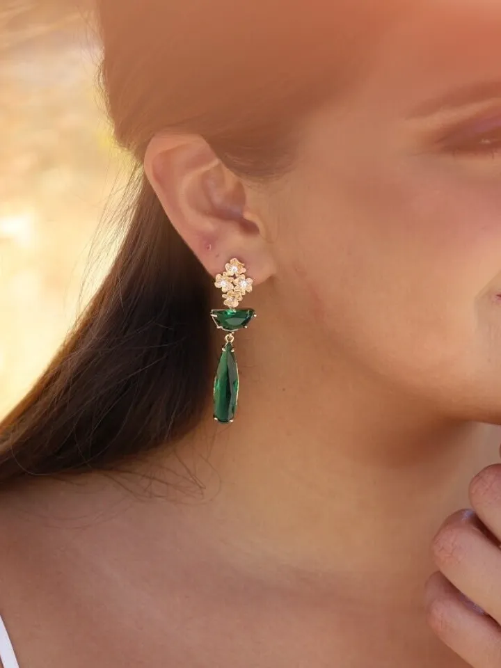 Gold 24K Emerald Green Art Deco Wedding Earrings For Brides, Vintage Style Flower Statement Bridal Earrings, Boho Wedding Earrings, Jewelry