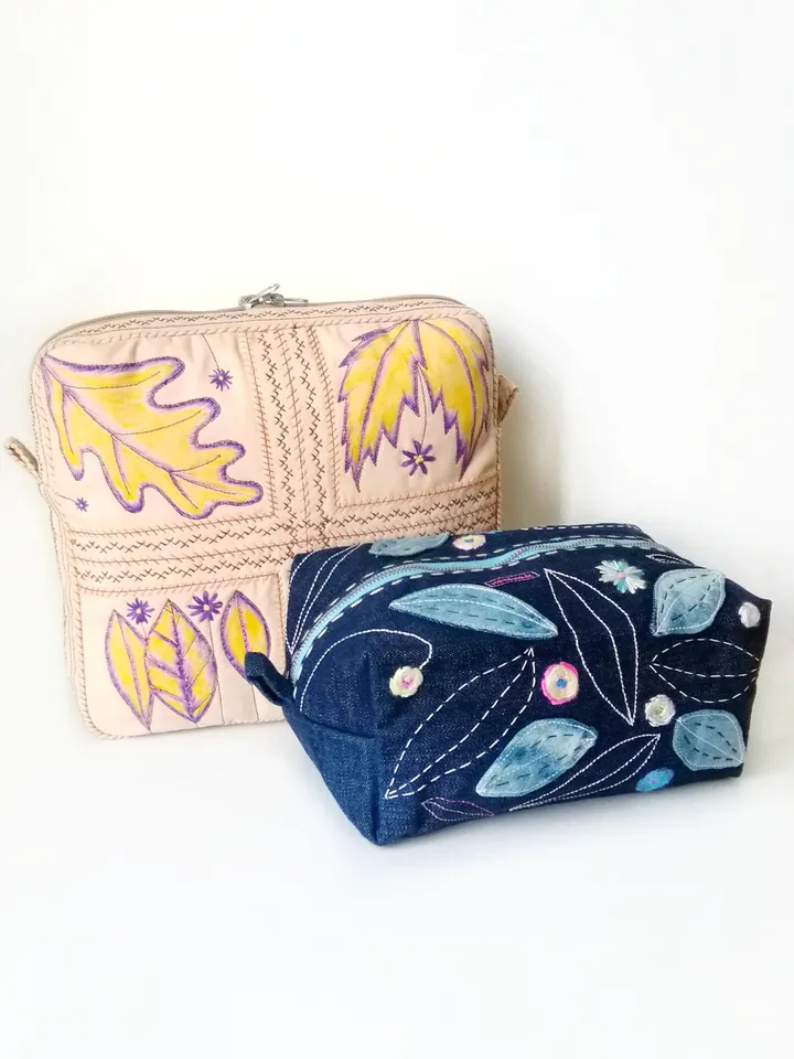 Hand Embroidered Large Cosmetic Bags: Handmade Denim Pouches with Zipper - Unique Embroidered Fabric Women's Beauty Bags. FREE SHIPPING!