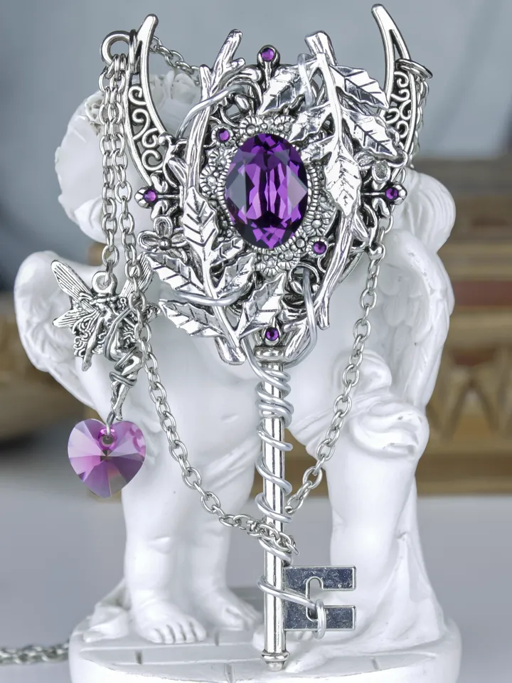 Handmade Fantasy Key Pendant with Purple Swarovski Crystals โ Unique Fairy Moon Necklace