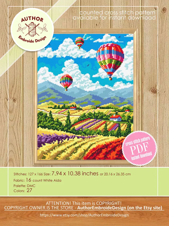 Hot air balloon over flower fields cross stitch pattern PDF download Nature cross stitch chart, Nature pattern digital PDF, Home decor #L73
