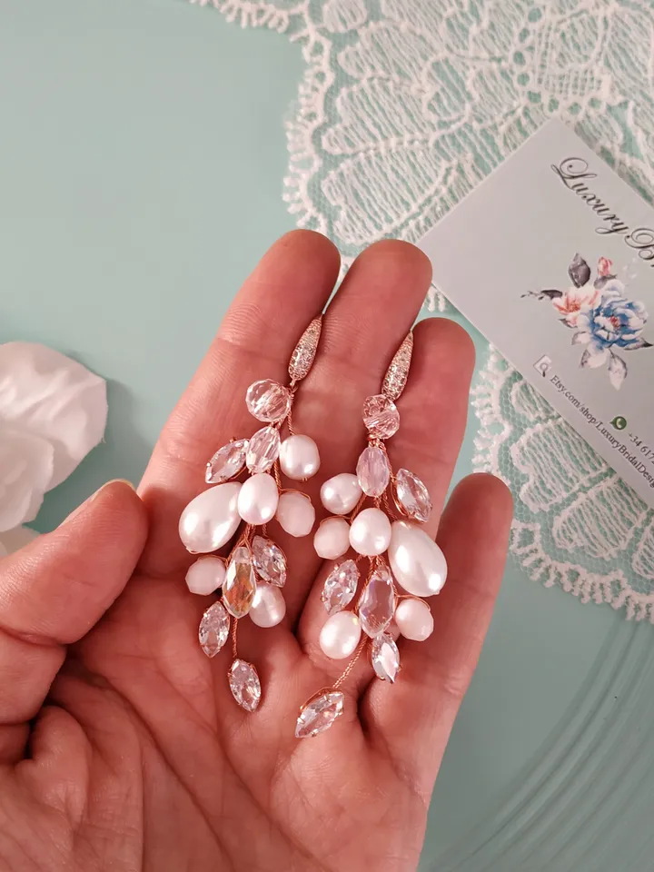 Diamond Rose Gold Wedding Earrings, Chandelier Statement Earrings, Floral Wedding Jewelry, Boho Wedding Earrings, Boho Bridal Earrings