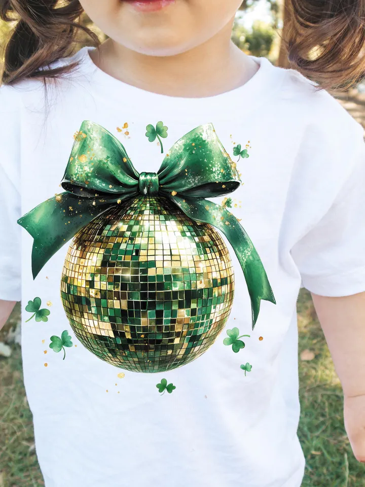 St Patricks Day Disco ball Coquette Bow Four Leaf Clover Lucky Shamrock Bow Lucky Charm Irish Day Shirt Design St Pattys Day Coquette Png