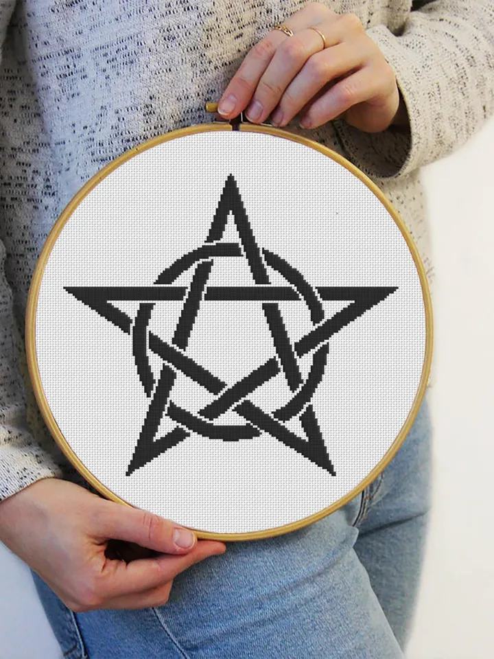 Gothic cross stitch pattern download PDF Pentagram cross stitch chart Monochrome pentacle embroidery Occult sign Gothic star digital #M140