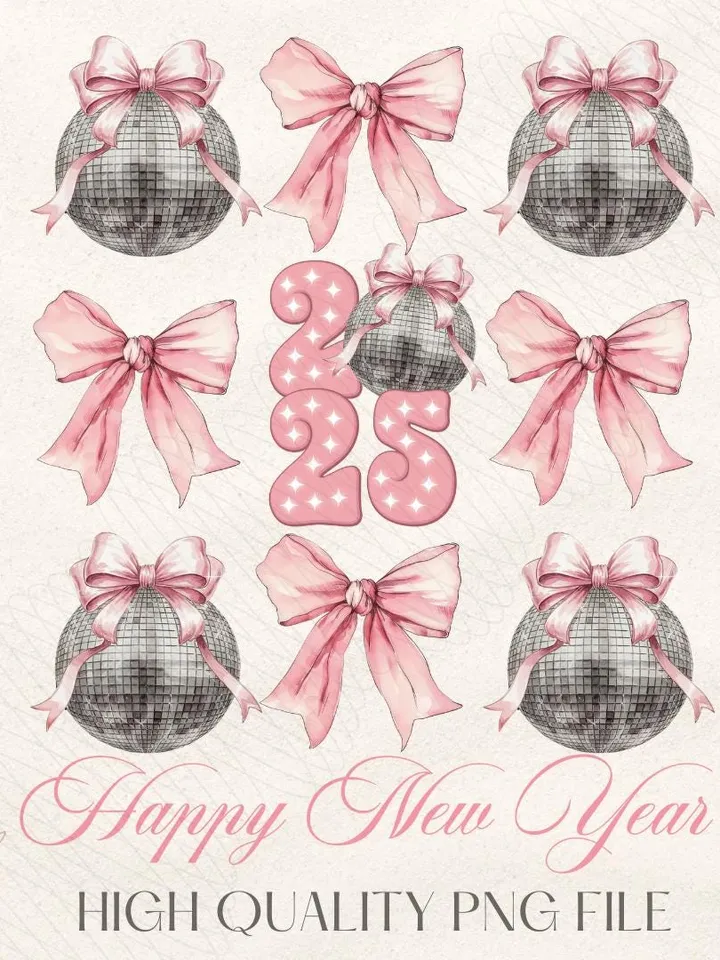 Happy New Year 2025 Png, Disco Ball New Year's PNG, Social Club Coquette Sublimation, Trending Disco Ball, Pink Bow New Year Sublimination