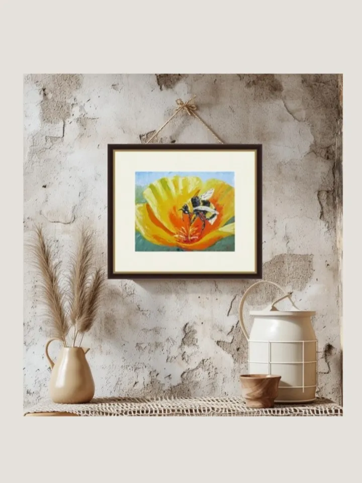 Original Oil Painting Yellow Flower with Bumblebee Palette Knife Art Hand-Painted Mini Artwork
