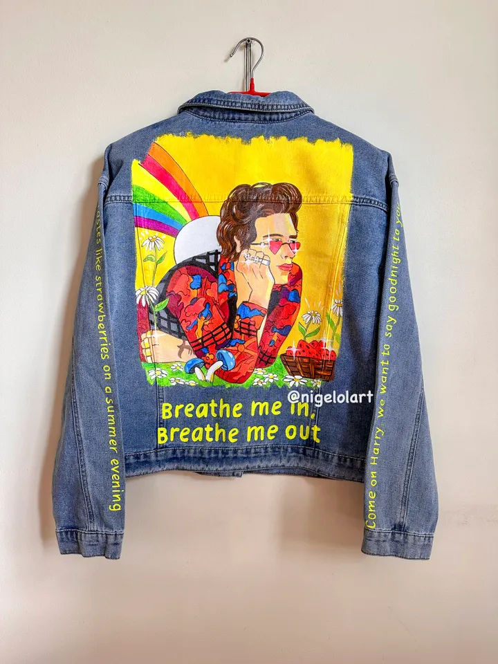 Harry Styles Custom denim jacket Painted denim jacket Jean jacket blue Personalized jacket