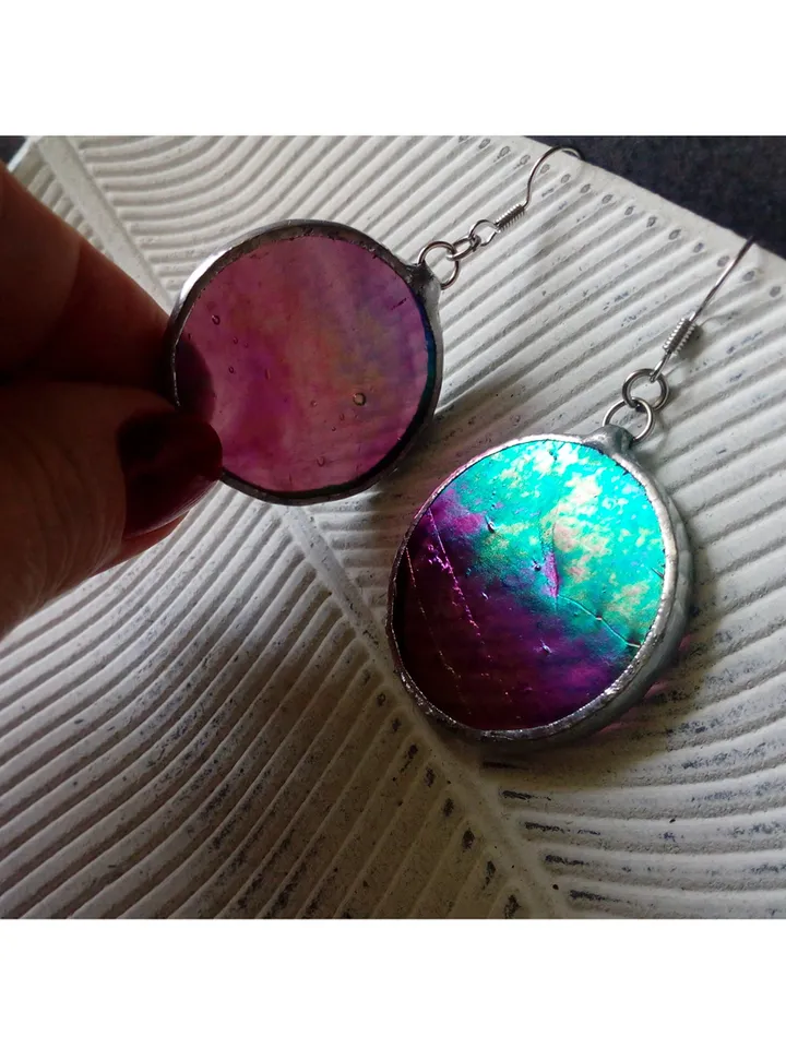 Iridescent stained glass earrings, Dichroic earrings, Duochrome earrings, Round stained glass