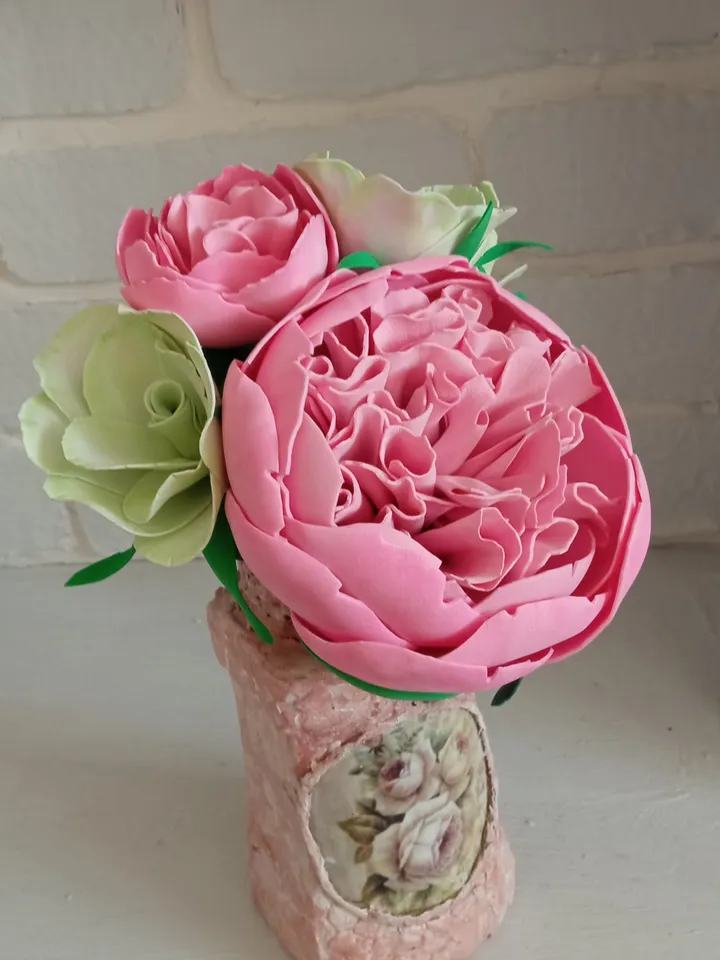 Exquisite Handmade Peony and Eustoma Bouquet in a Decorative Vase - Forever Fresh Floral Art