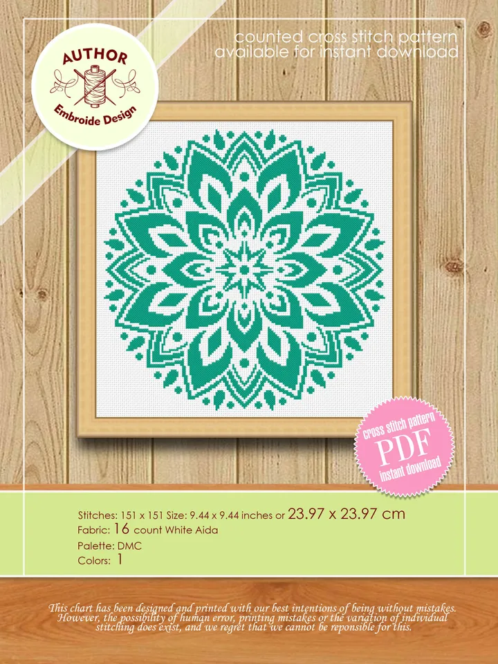 Mandala cross stitch pattern download PDF, Floral ornament cross stitch chart, Monochrome mandala pattern digital PDF, DIY Home decor #M126