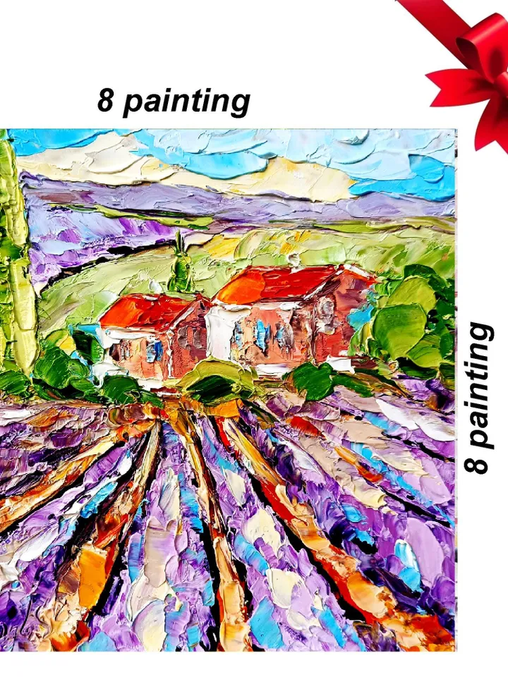 Provence Painting Lavender Fields Impasto Original Art Christmas Gifts  Provence Countryside Wall Art Decor 8x8 by ArtProkopaloSv
