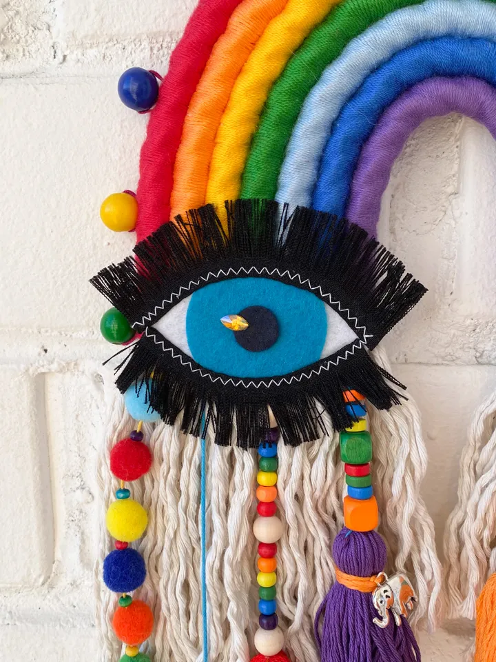 Macrame rainbow wall hanging, Evil eye and hamsa hand, Hippie room decor, Housewarming gift, Dorm room decoration