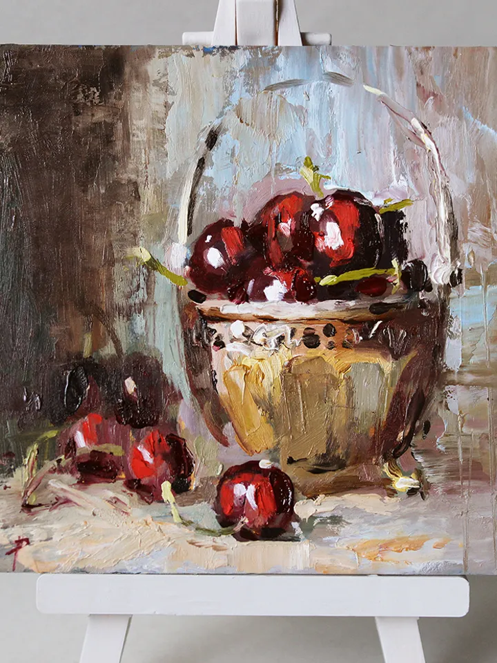 Sweet cherry. Oil painting on cardboard.