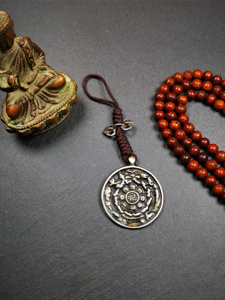 Gandhanra Antique SIPAHO(srid pa ho) Amulet, Tibetan Buddhist Astrology Badge,12 zodiac Melong Mirror, Jiugong Bagua Badge,20 Years Old