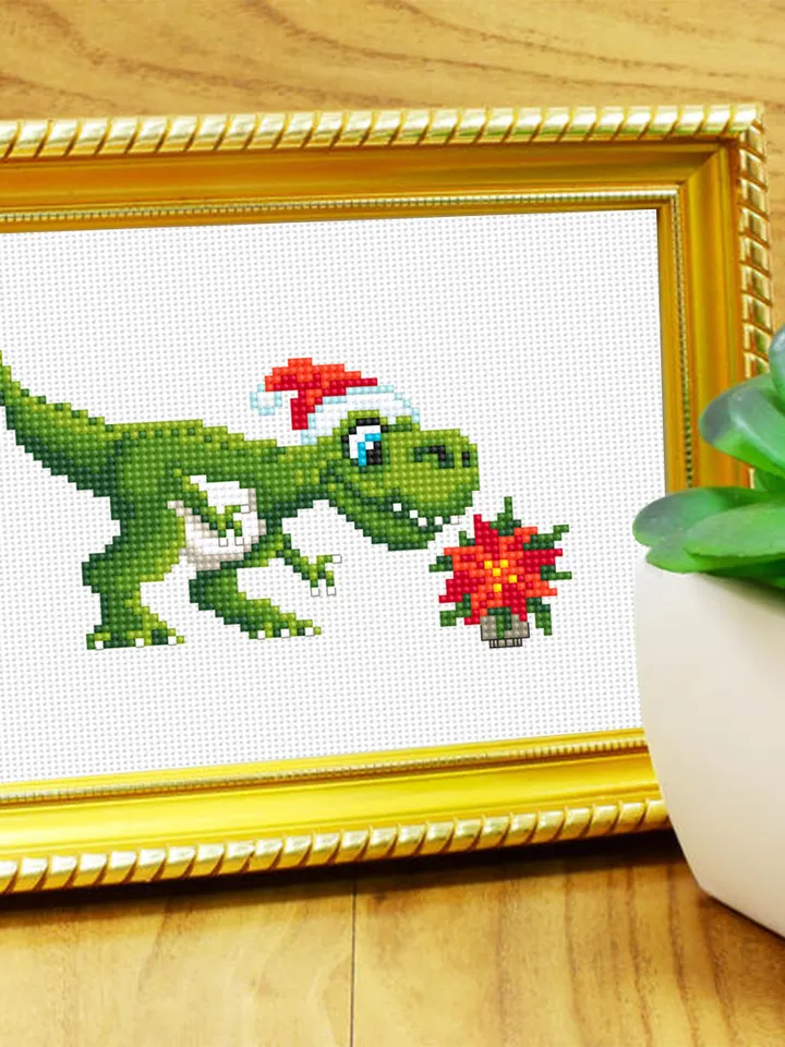 Funny dinosaur christmas cross stitch pattern PDF download, Set of 2 dinosaur cross stitch chart, Dino pattern digital PDF, Poinsettia #N114