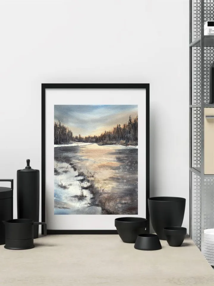 Landscape Original Painting Watercolor River Wall Art Winter Landscape