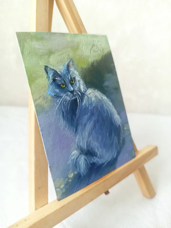 Original ACEO oil painting, Street smoky cat, Miniature collectible painting 2.5x3.5 inches
