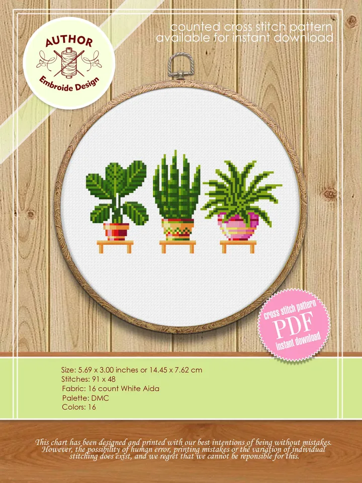 Potted plants cross stitch pattern download PDF, Small floral cross stitch chart, House plant hand embroidery PDF, Quick beginner stitch #P4