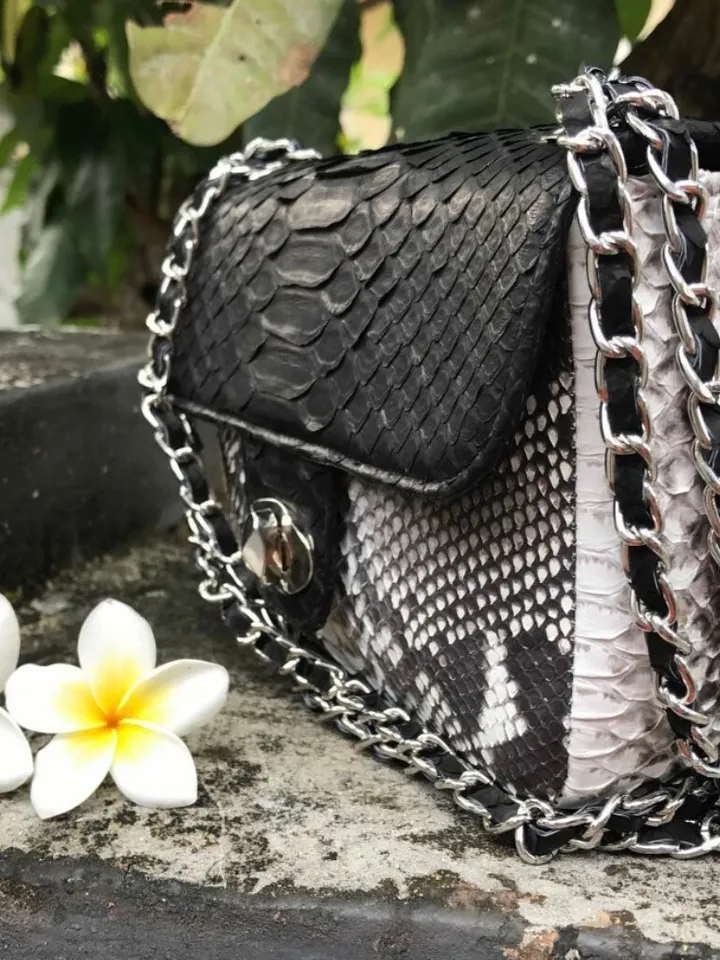 Genuine Python Skin Crossbody Colorblock Black and gray bag | Adjustable Chain Classy Elegant snake Small Lady Summer Bag | Python Purse