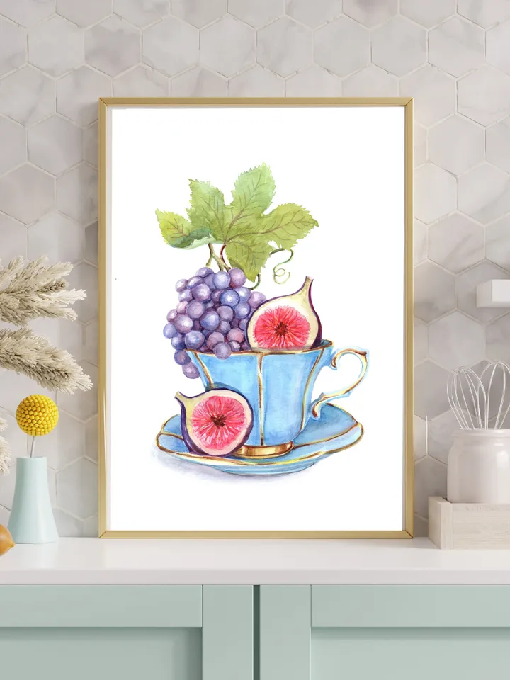 Tea Cup Watercolor Painting Print Fruit Watercolor Tea Lovers Vintage Tea Cup Art Figs Tea Party Decor Gift For Tea Lover Print Wall Art