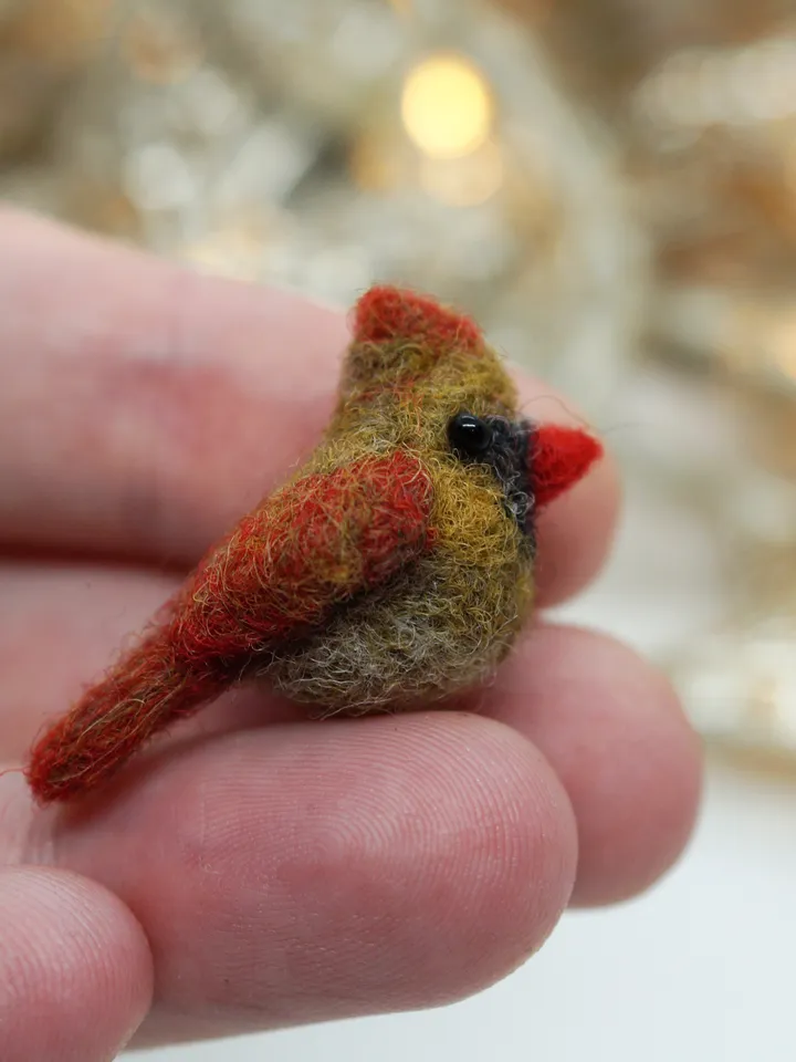 Couple of tiny needle felted cardinals, miniature bird, male and female Northern cardinal, made to order