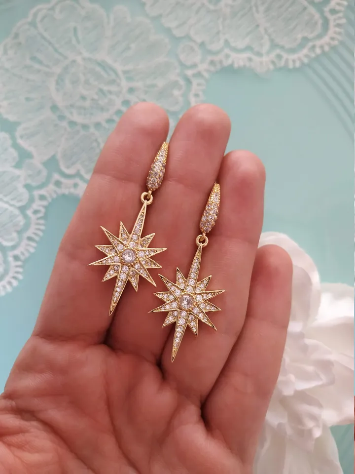 Star Earrings Celestial Gold Bridal Earrings Swarovski Crystal Boho Jewellery Drop Earrings Boho Earrings Bridesmaid Gift Dangle Earrings