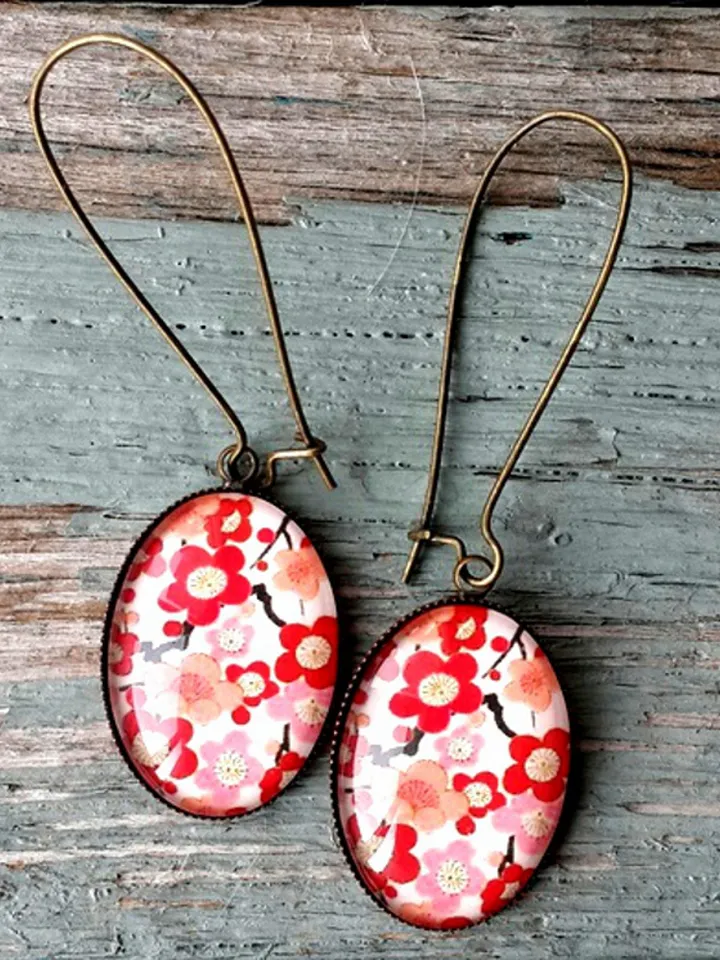 Red flowers earrings dangle, Floral Pattern cabochon dangle earrings